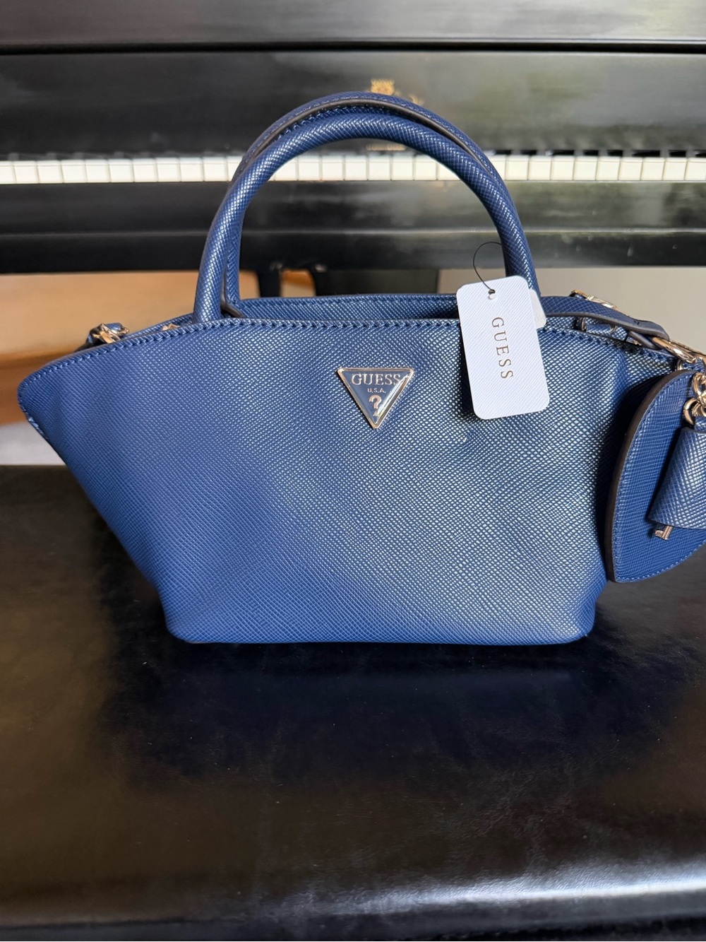 Guess Blue Saffiano Mini Satchel with Gold Hardware